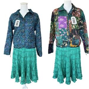 Clio Reversible Silk Quilted Jacket WD·NY Silk Tiered Skirt Set Green PL 6